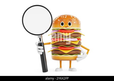 Cartoon Premium Delicious Burger Icon Person Figur Maskottchen mit Vergrößerungsglas auf weißem Hintergrund. 3D-Rendering Stockfoto