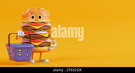 Cartoon Premium Delicious Burger Icon Person Figur Maskottchen mit Cartoon Shopping Basket auf einem gelben Hintergrund. 3D-Rendering Stockfoto