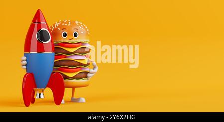Cartoon Premium Delicious Burger Icon Person Figur Maskottchen mit Cartoon Toy Rocket auf einem gelben Hintergrund. 3D-Rendering Stockfoto