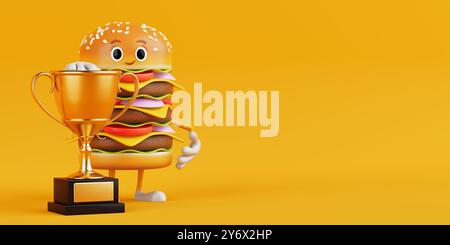 Cartoon Premium Delicious Burger Icon Person Maskottchen mit Golden Award Trophy auf gelbem Hintergrund. 3D-Rendering Stockfoto