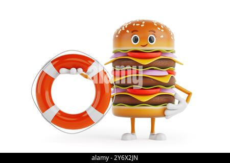Cartoon Premium Delicious Burger Icon Person Figur Maskottchen mit Life Boje auf weißem Hintergrund. 3D-Rendering Stockfoto