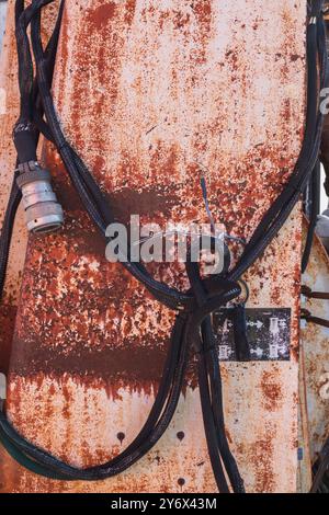 Nahaufnahme eines isolierten Hochleistungskabels an alten verrosteten Industriemaschinen auf Schrottplatz. Stockfoto