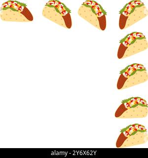 Tacos mit frischem Salat und Saucen. Rahmenrand für obere Ecke. Taco Day Grußvorlage. Kopierbereich. Isolierte Vektor-Illustration Briefkarten, Poster, Faltblatt, Banner, Gruß, Preis, Etikett oder Web Stock Vektor