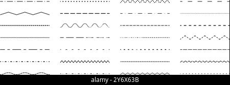 Gestrichelte gerade, wellige und Zickzacklinie. Gesteckte Teiler oder Trennzeichen Design-Element-Kollektion. Unterbrochene Strichstärke für Unterstreichung, Hervorhebung, Hervorhebung. Wiederholte Strich-Zickzack-Linien bündeln. Vektor Stock Vektor