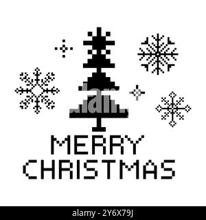 Merry christmas Pixel Retro Text mit Baum und Schneeflocken, Randdekoration. Winterrahmen. Druck, Dekoration. Begrüßung. Vektorabbildung Stock Vektor