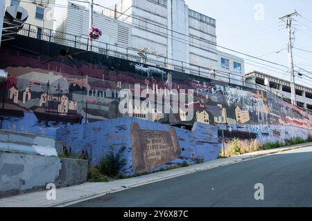 Wandgemälde des großen Feuers von 1892 auf McBrides Hill im Stadtzentrum von St. John's, Neufundland & Labrador, Kanada Stockfoto