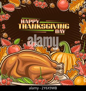 Vektor Thanksgiving Grußkarte mit Kopierraum, festliches Plakat mit Zeichentrickdesign Thanksgiving Komposition mit gekochtem truthahn, quadratische Karte mit W Stock Vektor