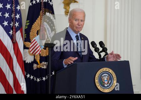 Washington, Usa. September 2024. US-Präsident Joe Biden spricht über Waffengewalt im East Room des Weißen Hauses in Washington, DC, USA, 26. September 2024. Foto: Chris Kleponis /CNP/ABACAPRESS. COM Credit: Abaca Press/Alamy Live News Stockfoto