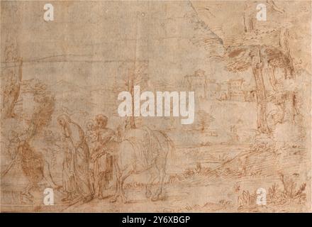 Domenichino (Domenico Zampieri) / „Landschaft mit Ruhe auf dem Flug nach Ägypten“. Ca. 1610. Bleistift auf dunkelgelbem Papier. Museum: Museo del Prado, Madrid, España. Stockfoto