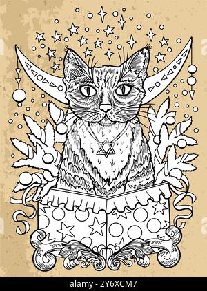 Hand gezeichnete Vektorlinie Kunst Illustration mit Katze sitzend in Geschenkbox vor Textur Hintergrund. Esoterisches, gotisches und mystisches Objekt oder Element. Hal Stock Vektor