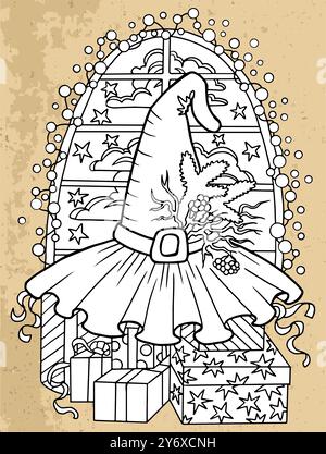 Hand gezeichnete Vektor-Illustration mit verziertem Hexenhut und Geschenkboxen gegen Fenster mit Lichtern auf strukturiertem Hintergrund. Esoterik, Gothic und myst Stock Vektor