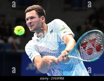 Tokio, Japan. September 2024. Der polnische Hubert Hurkacz spielt am Freitag, den 27. September 2024, im zweiten Rundenspiel der Japan Open Tennis Championships im Ariake Kolosseum in Tokio gegen Jack Draper. (Foto: Yoshio Tsunoda/AFLO)/Alamy Live News Stockfoto