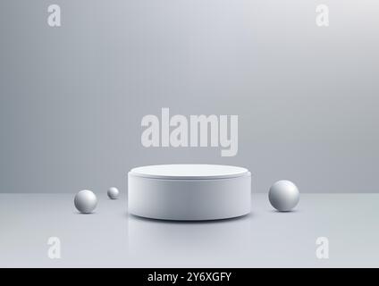Weißes, zylindrisches 3D-Podium mit drei Kugeln auf neutralgrauem Hintergrund, perfekt für minimalistische Produktdisplays, Mockups und elegante Showrooms Stock Vektor