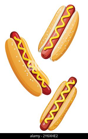 Hot Dog mit Senf, serviert in einem Brötchen, ein beliebtes Fast Food-Essen und Snack, der während Street Food Festivals, Picknicks und BBQs genossen wird - Vektor Illustration Stock Vektor