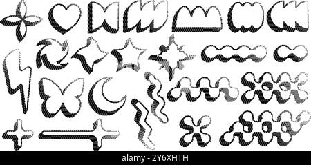 Abstrakte Formen mit Bitmap-Muster. Sterne Rasterverlaufselemente auf dunklem Hintergrund. Abstrakte Symbole im Jahr 2K-Format. Dither geräuschvolle Grunge-Textur. Vektor Stock Vektor