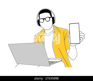 Geschäftsmann mit Laptop, auf dem der Bildschirm des Telefons angezeigt wird. Stock Vektor