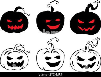 Kürbisse mit roten Augen. Schwarze Silhouette für Halloween. Handgezeichnetes grafisches Clipart. Lineare Silhouette mit Gemüse für gruseligen Urlaub Stock Vektor