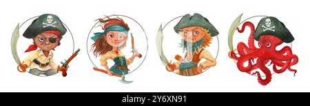 Kreise-Aufkleber-Set mit Piratencharakter. Handgezeichneter Karikaturkrake und Kinder in Korsaarkostümen. Isolierte Porträts in Aquarellfarben für Partydekorationen Stockfoto