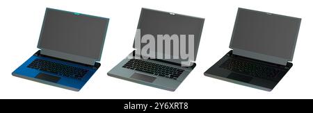 Satz moderner Laptops mit rgb-Lichtern auf weißem Hintergrund mit Beschneidungspfad. Stockfoto