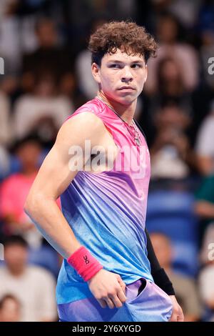 Tokio, Japan. September 2024. Ben SHELTON (USA) reagierte bei einem Einzelspiel der Männer gegen Mariano NAVONE (ARG) für die Kinoshita Group Japan Open Tennis Championships 2024 im Ariake Coloseum. Dies ist das am längsten laufende ATP Tour-Turnier in Asien, das erstmals 1972 ausgetragen wurde. Die Turniere finden vom 23. September bis zum 1. Oktober statt. (Kreditbild: © Rodrigo Reyes Marin/ZUMA Press Wire) NUR REDAKTIONELLE VERWENDUNG! Nicht für kommerzielle ZWECKE! Stockfoto