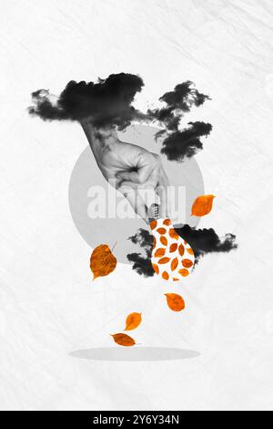 Trend-Artwork Composite Skizze Foto Collage der Herbstsaison Blätter Herbst grau Wolken schlechtes Wetter riesige Hand erscheinen halten Idee Lampe Druck Stockfoto