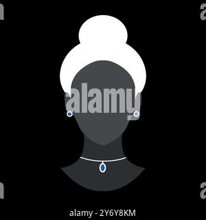 Abstrakte gesichtslose Frauensilhouette in blauer Halskette und Ohrringen. Dunkles Avatar-Emblem mit weiblicher Silhouette. Vektorabbildung Stock Vektor