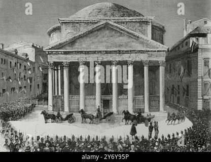 Geschichte Italiens. Rom. Sechster Todestag von Victor Emmanuel II. (1820-1878) und 25. Jahrestag der Verkündigung der Vaterlandseinheit. Am 9. Januar 1884 machten sich die Könige von Italien, Umberto I. (1844–1900) und Margherita von Savoyen (1851–1926) in Begleitung von Victor Emmanuel, Prinz von Neapel (Sohn und Thronfolger) und der Herzogin von Genua auf den Weg vom Quirinalpalast zum Pantheon, um an der religiösen Gedenkfeier hinter verschlossenen Türen teilzunehmen. Ankunft des Königs und der Königin von Italien im Pantheon, um am Todestag von Vic teilzunehmen Stockfoto