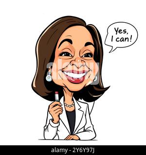 Eine Karikatur von Kamala Harris, die Lippenstift aufträgt und sagt: „Ja! Ich Kain!“ Es zeigt ihr Selbstvertrauen und verleiht dem „Ja! Wir Können.“ Stockfoto