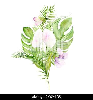 Nahtloses Muster. Gefühlvolle Erbsen und tropische Blätter von Monstera und Palmen. Die Zeichnung ist handgezeichnet mit Aquarell. Geeignet für Karten, Textilien und Scrapbooking Stockfoto