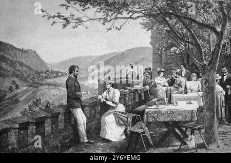 Sommerfrischler auf der Terrasse der Eberburg, Bad Münster am Stein-Ebernburg, Rheinland-Pfalz, Deutschland, Historisch, digital restaurierte Reproduk Stockfoto