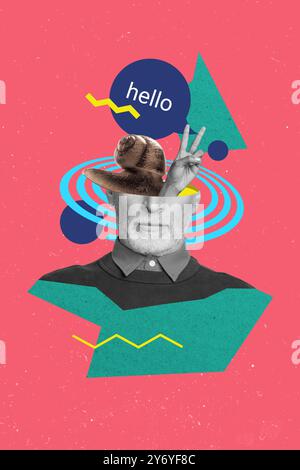 Vertikale kreative 3D-Foto-Grafik Collage Malerei von funky Kerl krabbelnde Schnecke im Kopf isolierte Zeichnung Hintergrund Stockfoto