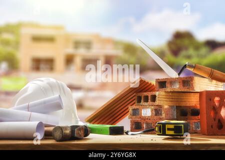 Baumaterialien, Architekturwerkzeuge und Pläne auf Holztisch im Außenbereich mit Haus im Bau im Hintergrund. Vorderansicht. Stockfoto