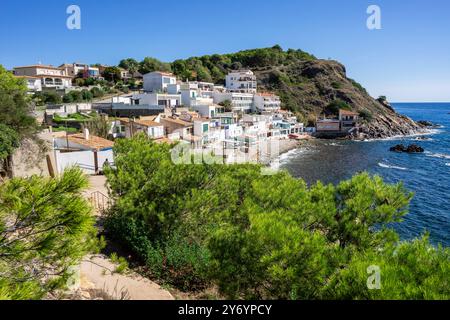 Häuser und Strand von Cala Margarida, Camino de Ronda, Costa Brava, Palamós, Girona, Katalonien, Spanien Stockfoto