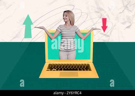 Kreative Collage junge fröhliche Frau Laptop Digitalgerät Pfeile in verschiedene Richtungen nach oben nach unten Verbesserung Rezession rechts links Stockfoto