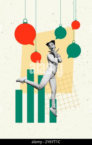 Composite Trend Artwork Skizzenbild 3D Foto Collage von jungen Dame Geschäftsfrau Studentin Sit Arbeit Stapel Sprache Cloud Chat Händler Stockfoto