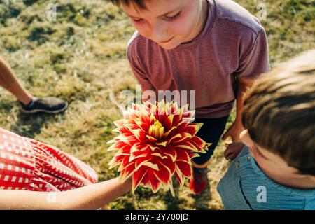 Kinder bewundern eine große, leuchtende rote und gelbe Blume im Freien Stockfoto