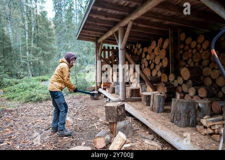 Ein Mann, der mit einer Axt Brennholz hackt, um im Wald Feuer zu machen Stockfoto