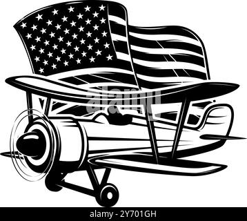 Retro-Flugzeug mit amerikanischer Flagge. Designelement für Poster, Karte, Banner, Schild. Vektorabbildung Stock Vektor