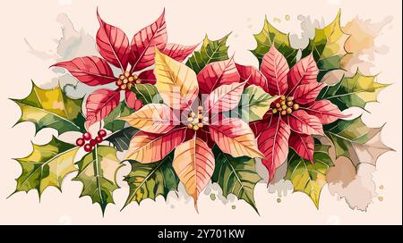 Rote Weihnachtsstern mit stechpalmenblättern in Aquarellfarbe Stock Vektor
