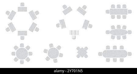 Sitzplan für Hochzeiten. Konferenz Bankett Seminarraum Inneneinrichtung, Konferenzsaal und Seminarraum Inneneinrichtung. Vektor-Draufsicht von Stock Vektor
