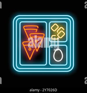 Leuchtendes Neonschild, das eine Lunchbox der Schule mit leckeren Leckereien darstellt, ein Symbol für Kindheitserinnerungen und Mittagsgenüsse Stock Vektor