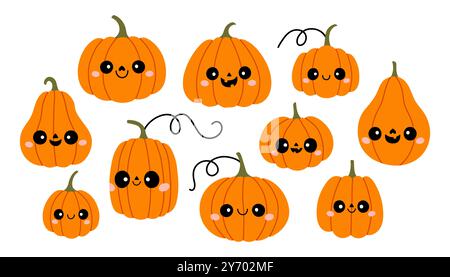 Niedliches Halloween Kürbis Set. Jack O Lantern Kollektion. Halloween Kürbisse mit Gesichtern Vektor Element Set. Oktober-Symbol. Stock Vektor