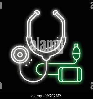 Neonsymbol eines Stethoskops und Blutdruckmanschette, die auf schwarzem Hintergrund leuchten Stock Vektor