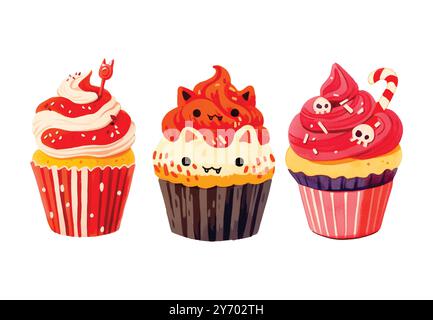 Aquarell Halloween Cupcakes Set. Gruselig dekorierte Muffins. Halloween-Essen für Weihnachtsmotive Stock Vektor