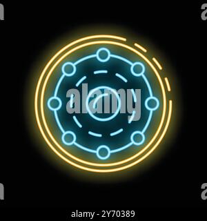 Helles Neonzeichen, das die Struktur eines Atoms mit einem Kern und umlaufenden Elektronen vor dunklem Hintergrund darstellt Stock Vektor