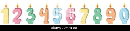 Set aus Geburtstagskerzennummern mit brennenden Flammen im Doodle-Stil. Dekoration für Kuchen. Für Grußkarte, Banner, Einladung, Aufkleber. Handgezeichnet Stock Vektor