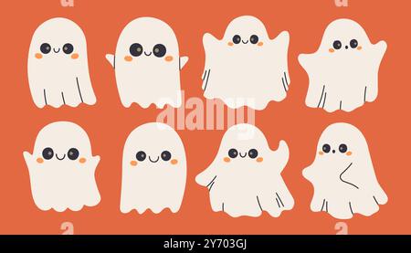 Niedliches Halloween-Geister-Set. Vektor isolierte Illustration des entzückenden Geistes, Kawaii Halloween. Oktober-Kollektion 31. Stock Vektor