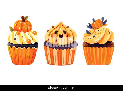 Aquarell Halloween Cupcakes Set. Gruselig dekorierte Muffins. Halloween-Essen für Weihnachtsmotive Stock Vektor