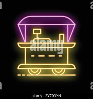 Heller neonfarbener Street Food Cart mit Markise, die auf dunklem Hintergrund leuchtet, mobiles Fast Food Café-Konzept Stock Vektor