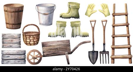 Eine große Auswahl an Gartenwerkzeugen und -Geräten wie Holzkarre, Kiste, Kiste, Eimer, mwst. Gummistiefel, Gartenhandschuhe, Spaten, Schaufel, Heugabel Stockfoto